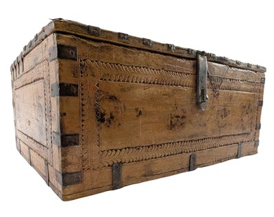 Lot 474 - INDIAN RAJASTHANI 19TH CENTURY CARVED WOOD & IRON MERCHANT'S BOX