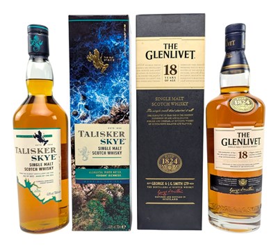 Lot 202 - 18 YEARS OLD GLENLIVET IN BOX T/W TALISKER SKYE WHISKY BOTTLES (2)