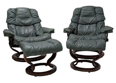 Lot 274 - STRESSLESS - PAIR OF GREEN LEATHER BENTWOOD ARMCHAIRS & STOOLS