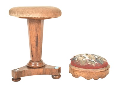 Lot 721a - A 19TH CENTURY ROSEWOOD PIANO STOOL & WALNUT FOOTSTOOL
