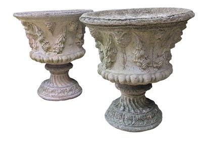 Lot 549 - PAIR OF 20TH CENTURY RECONSTITUTED STONE MEDICI STYLE URNS
