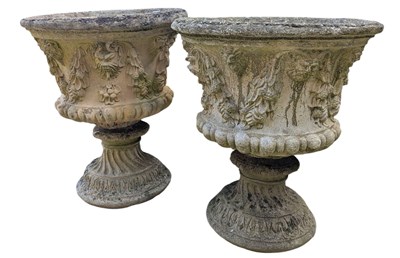 Lot 552 - PAIR OF 20TH CENTURY RECONSTITUTED STONE MEDICI STYLE URNS