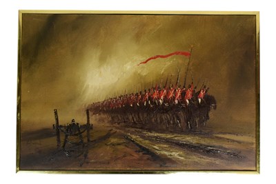 Lot 296 - JOHN BAMPFIELD (B. 1947) - CHARGE OF THE LIGHT BRIGADE OIL ON CANVAS