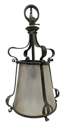 Lot 399 - ART NOUVEAU WROUGHT IRON & VASELINE GLASS CEILING PORCH LANTERN