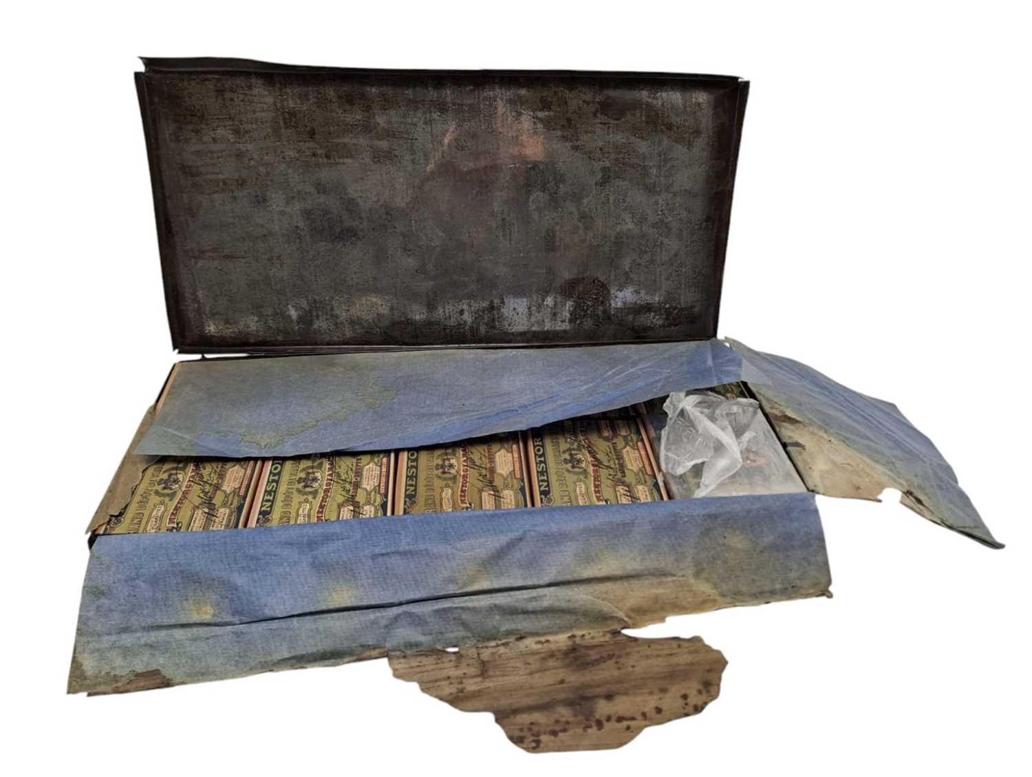 Lot 15 - TOBACCIANA. EDWARDIAN IRON BOX OF ORIGINAL NESTOR CIGARETTE BOXES WITH CONTENTS