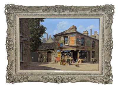 Lot 250 - EDWARD HERSEY (B. 1948) - ACRYLIC ON CANVAS STREET SCENE WITH ENAMEL SIGNS