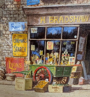 Lot 250 - EDWARD HERSEY (B. 1948) - ACRYLIC ON CANVAS STREET SCENE WITH ENAMEL SIGNS