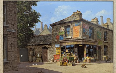 Lot 250 - EDWARD HERSEY (B. 1948) - ACRYLIC ON CANVAS STREET SCENE WITH ENAMEL SIGNS
