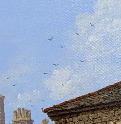 Lot 250 - EDWARD HERSEY (B. 1948) - ACRYLIC ON CANVAS STREET SCENE WITH ENAMEL SIGNS