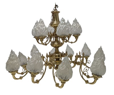 Lot 590 - LARGE 20TH CENTURY GILT METAL & FLAME GLASS SHADES TWIN SIX-ARM CHANDELIER