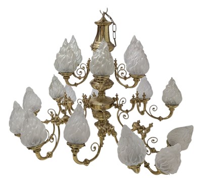 Lot 592 - LARGE 20TH CENTURY GILT METAL & FLAME GLASS SHADE TWIN SIX-ARM CHANDELIER