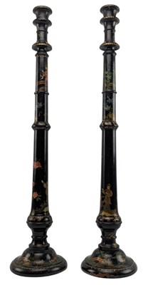 Lot 448 - PAIR OF 19TH CENTURY TALL CHINESE CHINOISERIE CANDLESTICKS