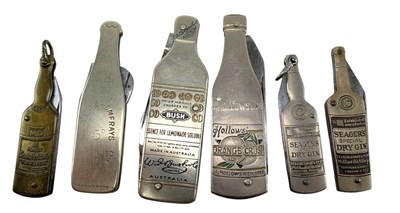 Lot 128 - SIX VINTAGE 20TH CENTURY NOVELTY ADVERTISING PENKNIVES IN THE FORM OF BOTTLES
