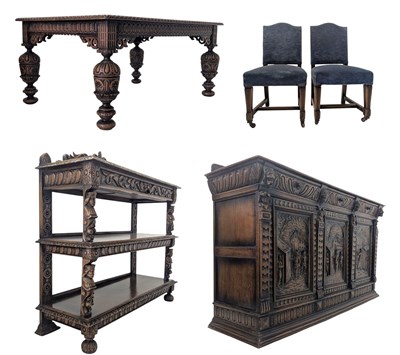 Lot 253 - CONTINENTAL CARVED OAK DINING SUITE -BUFFET, CREDENZA WITH TABLE & CHAIRS