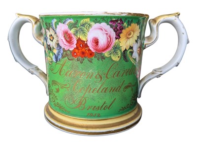 Lot 80 - MID 19TH CENTURY ENGLISH PORCELAIN TWIN HANDLED LOVING CUP / MARRIAGE CUP
