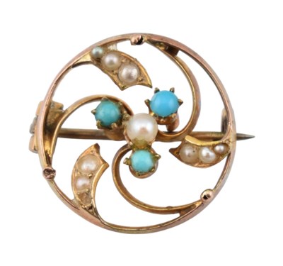 Lot 301 - 19TH CENTURY 9CT GOLD PEARL & TURQUOISE BROOCH PIN