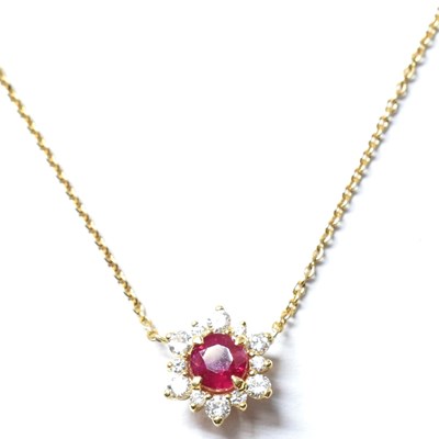 Lot 123 - GOLD RUBY & DIAMOND CLUSTER PENDANT NECKLACE
