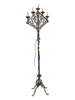 Lot 769a - 20TH CENTURY WROUGHT IRON LAMP LIGHT FLOOR STANDING CANDELABRA