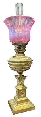 Lot 457 - VICTORIAN 19TH CENTURY BRASS & VASELINE GLASS TABLE OIL LAMP