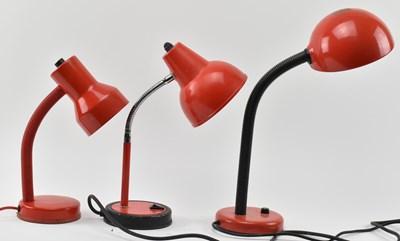 Lot 446 - THREE VINTAGE MID CENTURY RED GOOSENECK LAMPS