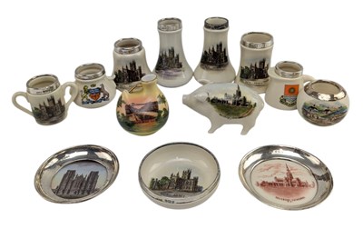 Lot 48 - COLLECTION OF THIRTEEN WEST COUNTRY INTEREST CRESTED GOSS WARE TRINKETS, SOME SILVER RIMMED