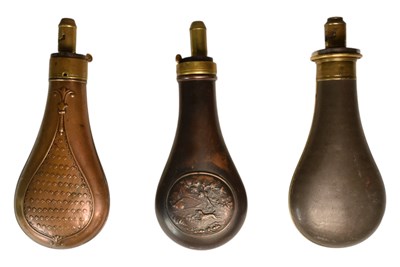 Lot 106 - COLLECTION OF 19TH CENTURY COPPER POWDER FLASKS