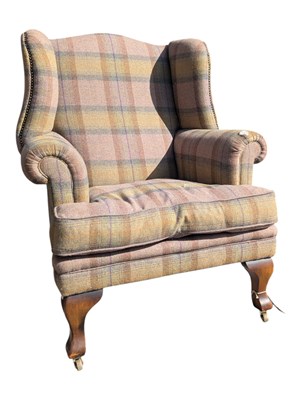 Lot 664a - EARLY 20TH CENTURY PLAID UPHOLSTERED WINGBACK ARMCHAIR