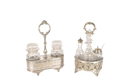 Lot 235 - EARLY 20TH CENTURY SILVER PLATE CREUT SET W/ CUT GLASS PRESERVE JARS