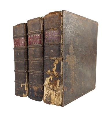 Lot 143 - ENGLISH BIBLES. 1788 THE HOLY BIBLE WITH NOTES BY REV. THOMAS SCOTT 3VOL IN CONTEMP. CALF