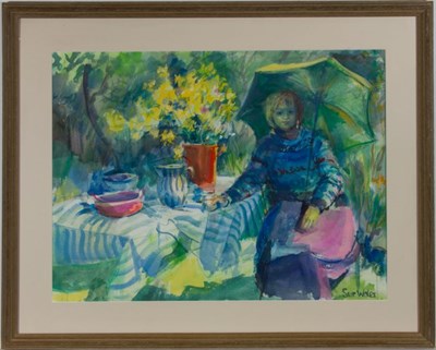Lot 7 - SUE WALES (B. 1942) - LUNCH IN THE GARDEN - GOUACHE ON WATERCOLOUR PAPER PAINTING