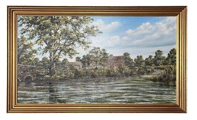Lot 15 - PETER GIBSON - 20TH CENTURY OIL ON CANVAS LANDSCAPE PAINTING WITH BRIDGE