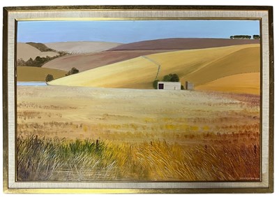 Lot 18 - KENNETH STYLES - 1982 OIL ON PANEL LANDSCAPE PAINTING OF WHEAT FIELDS