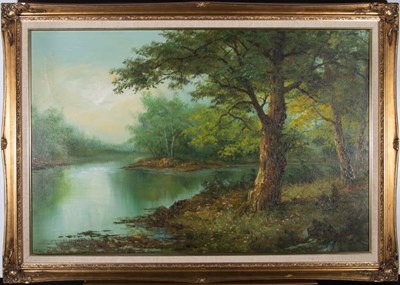 Lot 19 - IRENE CAFIERI - 20TH CENTURY OIL ON CANVAS LANDSCAPE PAINTING WITH RIVER & TREES