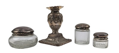 Lot 153 - EDWARD VII HALLMARKED SILVER CANDLESTICK & THREE SILVER & GLASS POTS
