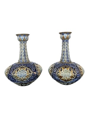 Lot 35 - PAIR OF LATE 19TH CENTURY DOULTON LAMBETH SIGNED STONEWARE VASES