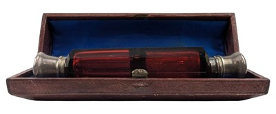 Lot 80 - CASED VICTORIAN DOUBLE ENDED SILVER & GLASS PERFUME BOTTLE PHIAL