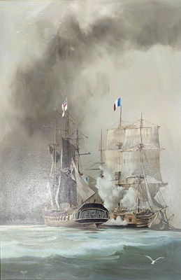 Lot 106 - 2OTH CENTURY OIL ON CANVAS OF NAVAL BATTLE SCENE