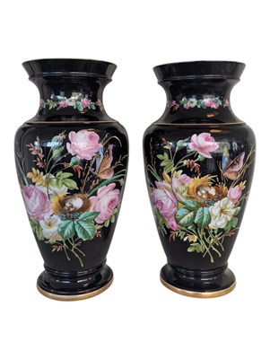 Lot 51 - PAIR OF 19TH CENTURY STAFFORDSHIRE BLACK BALUSTER CERAMIC VASES
