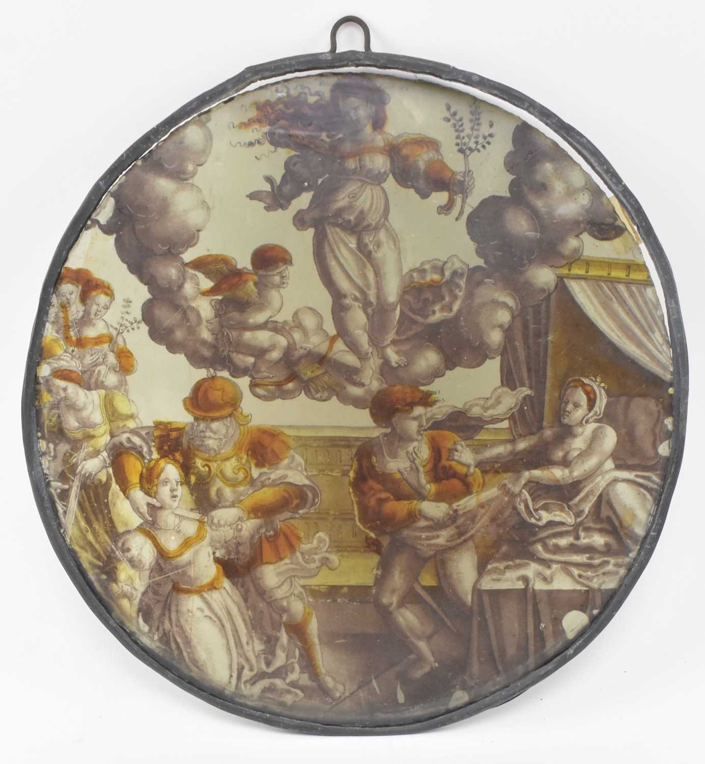 Lot 26 - EARLY 19TH CENTURY LEAD GLASS HAND PAINTED PANEL WITH KNIGHT SCENES