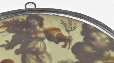 Lot 26 - EARLY 19TH CENTURY LEAD GLASS HAND PAINTED PANEL WITH KNIGHT SCENES