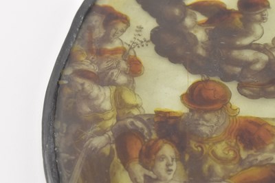 Lot 26 - EARLY 19TH CENTURY LEAD GLASS HAND PAINTED PANEL WITH KNIGHT SCENES