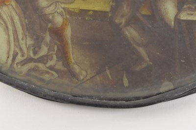 Lot 26 - EARLY 19TH CENTURY LEAD GLASS HAND PAINTED PANEL WITH KNIGHT SCENES