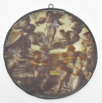 Lot 26 - EARLY 19TH CENTURY LEAD GLASS HAND PAINTED PANEL WITH KNIGHT SCENES