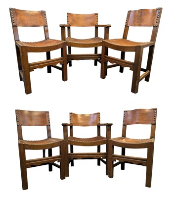 Lot 322 - SIX SPANISH BRUTALIST INSPIRED LEATHER & OAK STUDDED DINING CHAIRS