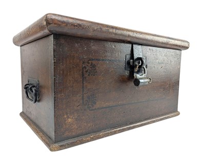 Lot 111 - 18TH CENTURY OAK & EBONY STENCIL DECORATION BIBLE BOX CASKET CHEST