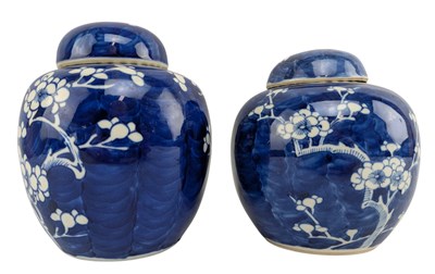 Lot 22 - PAIR OF 19TH CENTURY BLUE & WHITE PRUNUS GINGER JARS
