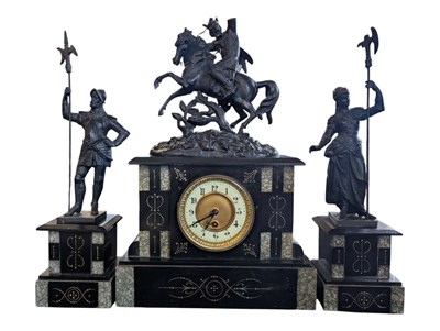 Lot 301 - LATE 19TH CENTURY SLATE MANTEL CLOCK WITH SPELTER FIGURE DECORATIONS