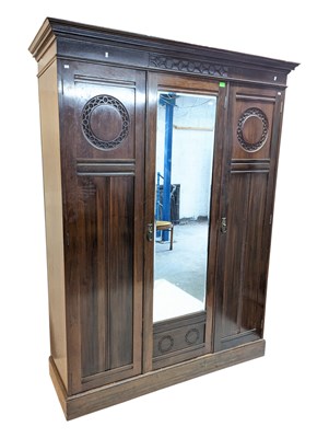 Lot 775 - LARGE EDWARDIAN WALNUT ARTS & CRAFTS TRIPLE WARDROBE