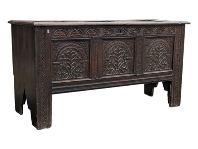 Lot 587 - CHARLES II MID 17TH CENTURY OAK COFFER CHEST