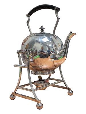 Lot 325 - JOHN ROUND & SON - MID 19TH CENTURY SILVER PLATE SPIRIT KETTLE ON STAND